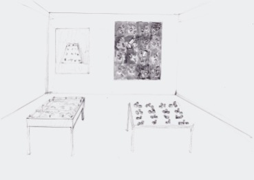 Studie voor een installatie met twee schilderijen, zwarte balpen en waterverf op papier, 21cm x 29,7cm, 2010