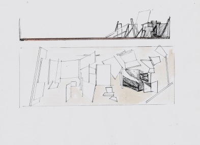 Studie voor installatie, zwarte balpen en waterverf op papier, 21cm x 29,7cm, 2010