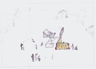 Studie voor Nomad, The Deconstruction of Place, grafiet, zwarte balpen en waterverf op papier, 21cm x 29,7cm, 2010