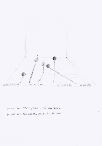 Studie voor installatie met bollen en verf, zwarte balpen op papier, 29,7cm x 21cm, 2010
