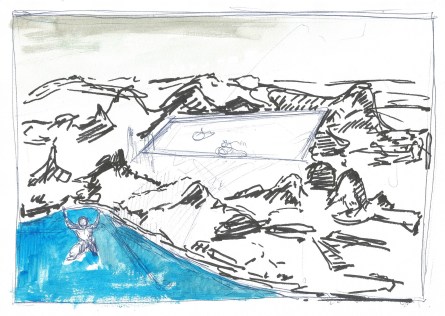 Studie voor Zwembad, zwarte inkt, acrylverf en blauwe balpen op papier, 21cm x 29,7cm, 2011