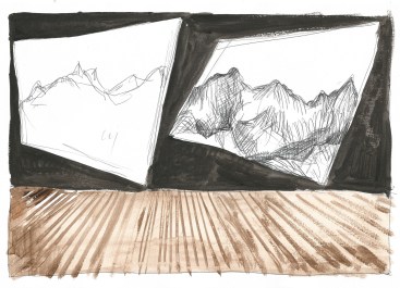 Scène, zwarte balpen en waterverf op papier, 2011