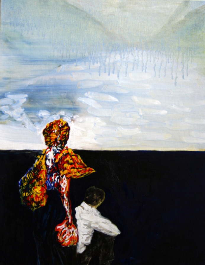 Map nr.23 Two people watching a faded away landscape, 24cm x 30cm, Oil on cardboard, 2007